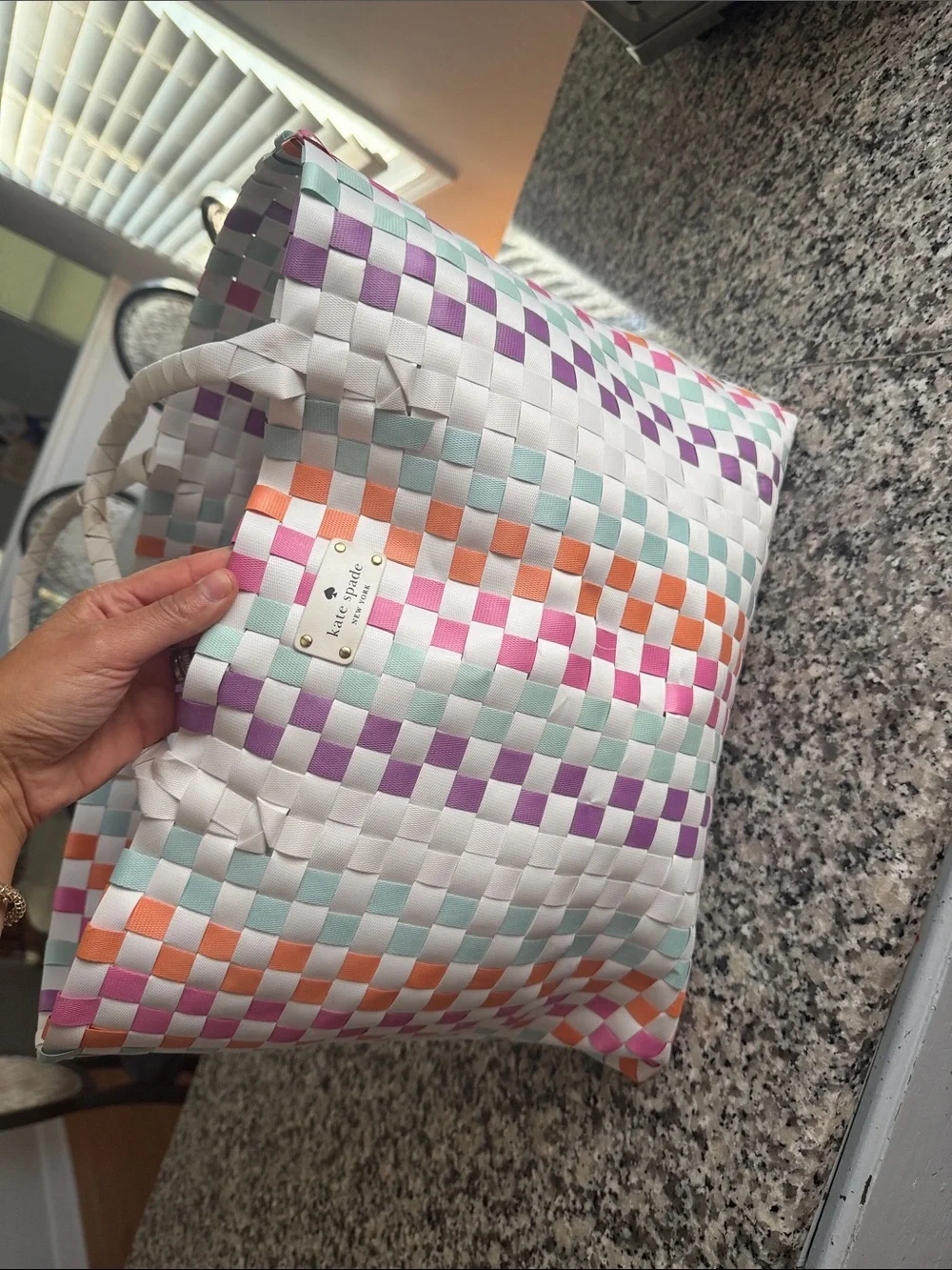 kate spade White Multicolor Woven Check Tote